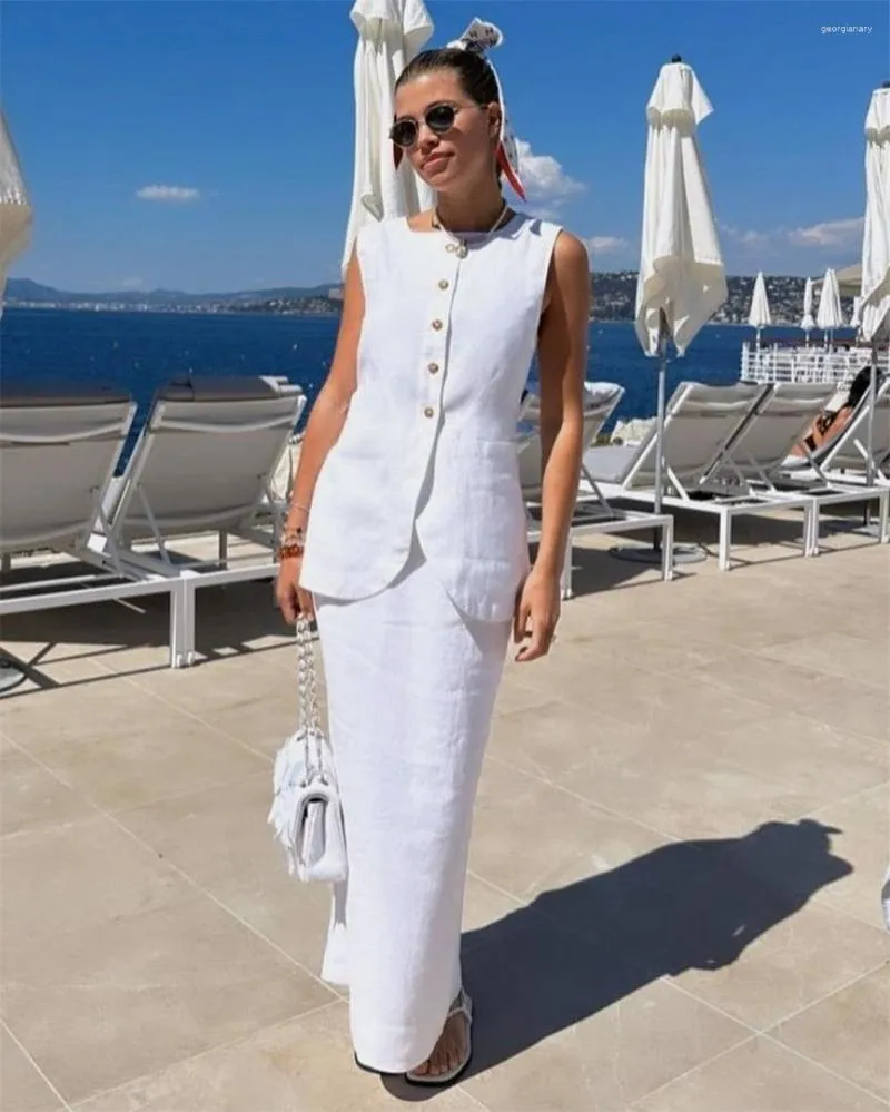 Skirts White Cotton Linen Vest Top Long Skirt Two Piece Set Summer Causal Office Lady Single Breaste Sleeveless And Outfits