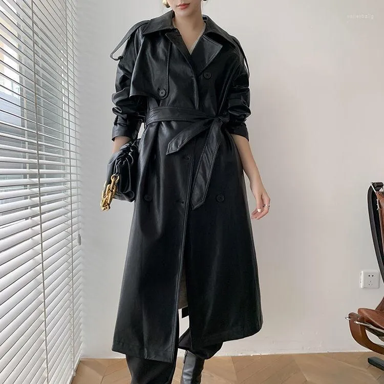 Trench Coats Femme Spring Automne Extra Long Termoproof Black Pu Leather Soft Pu Cuir Fomenwearwear Elegant Exterwear