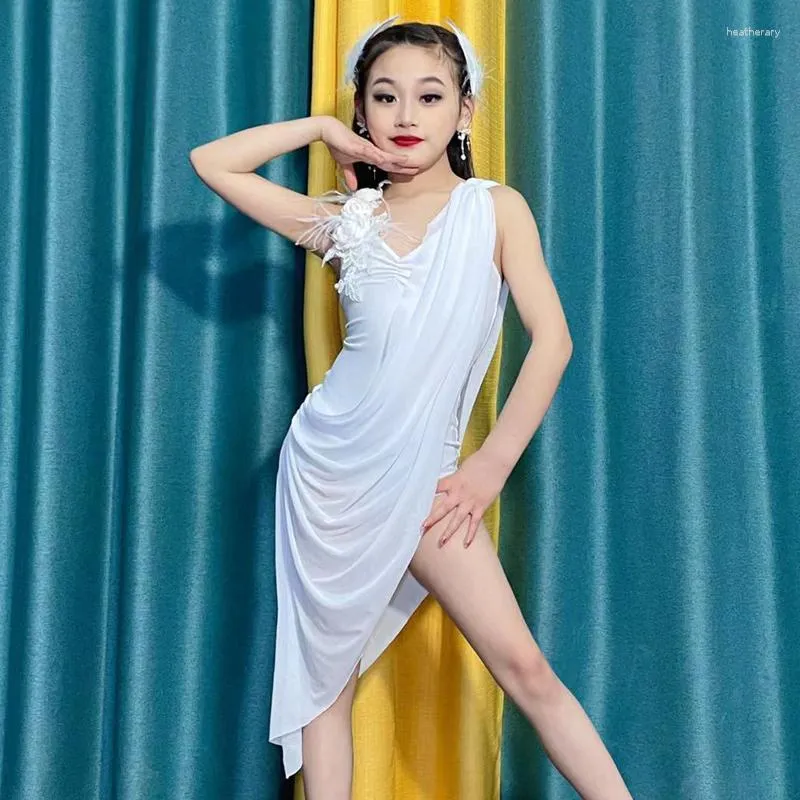 Стадия ношения Girls White Latin Dance Dress Dances Dancess Dancess Warter Kids Performance Practice Clothing SL8589