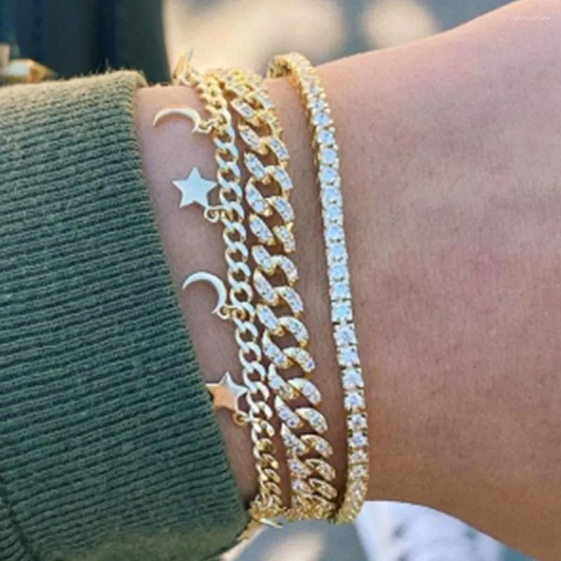 Link Bracelets Hip Hop Punk Mini Crystal Cuban Star Moon Multi-layer Bracelet For Women Bling Rhinestone Tennis Chain On Hand Fashion