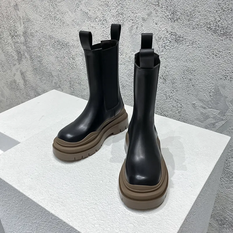 Höst- och vinter Martinin-stövlar B V Mid-Calf Boots British Style Chelsea Boots Platform Elevation Leather Womens Boots Luxury Designer Par Boots Storlekar 35-46 +Box