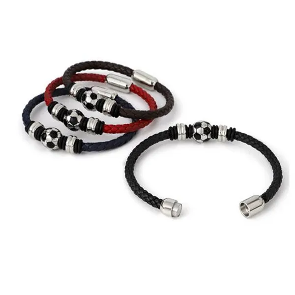 Bracelet en cuir masculin bouton de football en acier inoxydable noir simple