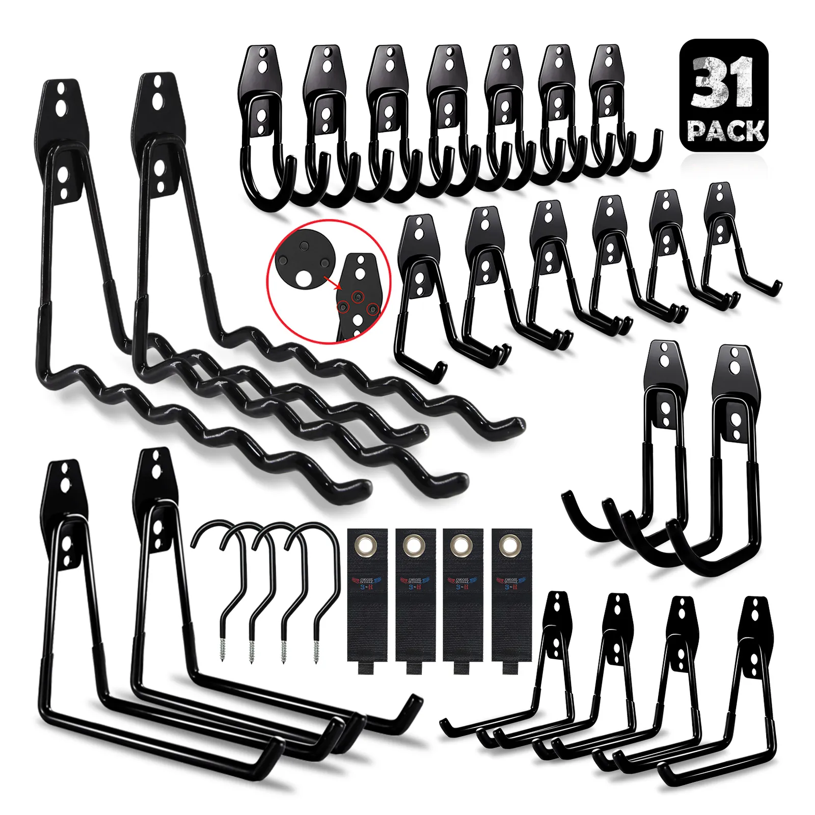 14 31PCS Heavy Duty Metal Hooks for Garage Wall Mount Anti Slip Bicycle Hanger Hooks Storage Hooks for Ladders Garden Tools Black