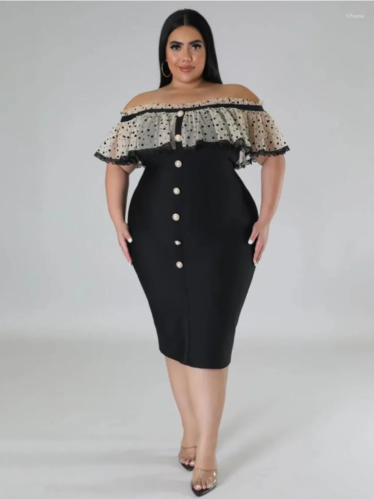 Plus size jurken Off schouder MIDI -jurk voor dames mouwloze polka dots kanten button up patchwrok avondfeestcocktailjurken 4xl 5xl