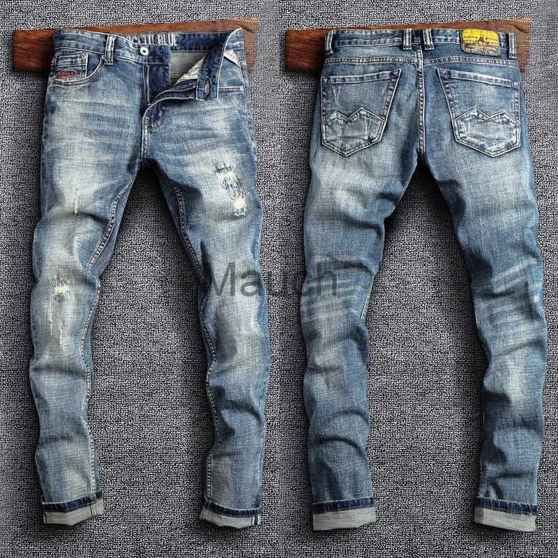 Jeans masculinos Moda de streetwear Men Jeans Retro Azul Elastic Slim Fit Ripped Jeans Men Borderyer Designer Vintage Casual Cotton Denim Pants J230814