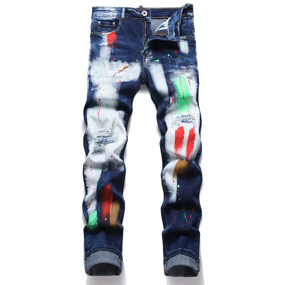 Heren jeans rock punk stijl ontwerp mannen geschilderd stretch denim jeans streetwear gaten gescheurde broek blauw witte slanke taps toelopende broek jeans 230812