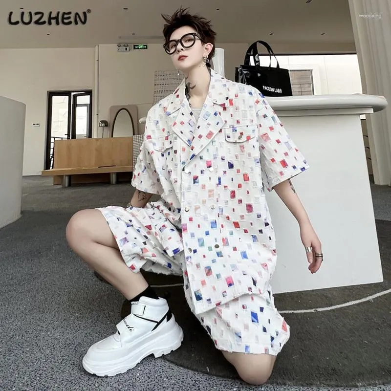Men's Tracksuits LUZHEN 2023 Stylish Colorful Printed Fashion Men Short Sleeve Shirt Shorts Pants Two-piece Sets High Street Loose Clothes