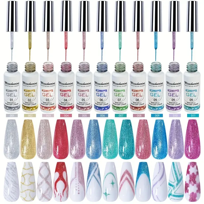 Conjunto reflexivo de esmalte de linear de gel pintado de brilho, gel de pintura de revestimento metálico de gel de unhas, gel de platina para design de linear para unhas