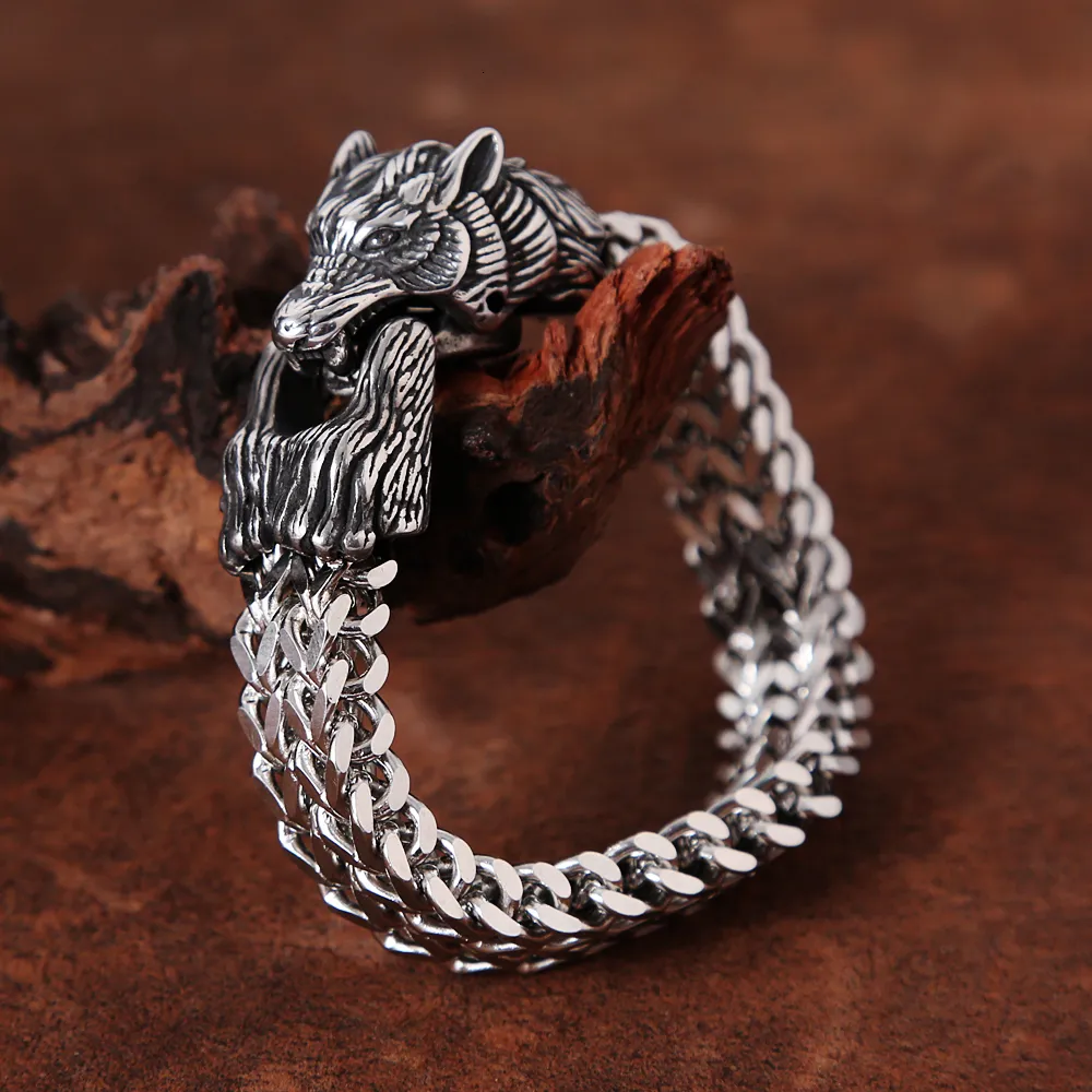 Bedelarmbanden vintage roestvrijstalen viking wolfhoofd armband mode dieren polsbandjes voor mannen punk biker noors sieraden accessoires 230814