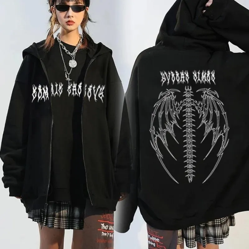 Dames Hoodies Sweatshirts Y2K Streetwear Hoodie Tops Retro Gothic Oversized Kap Schedelvleugel Kwaad Vlam Print Vest Rits Sweatshirts Heren Hoodies 230814