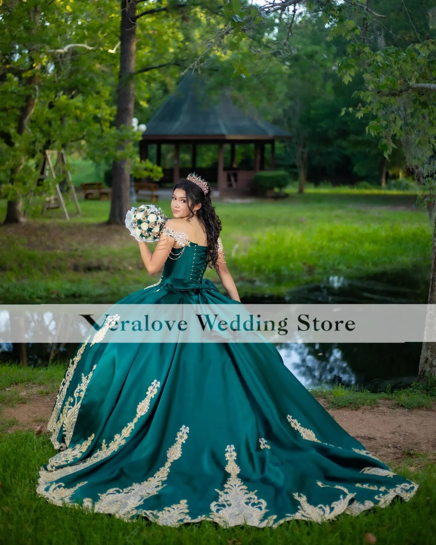 Green Mexican Charro Quinceanera dresses Off Shoulder Gold 3D Floral Beaded Corset vestido de debutantes