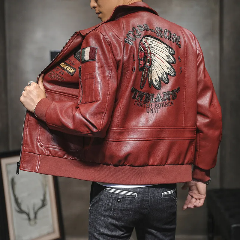 Men's Jackets Classic Embroidered Leather Jacket Men's Aviation Battle Coat Pu Leather Natural Leather Clothing Motorcycle Jacket 230812