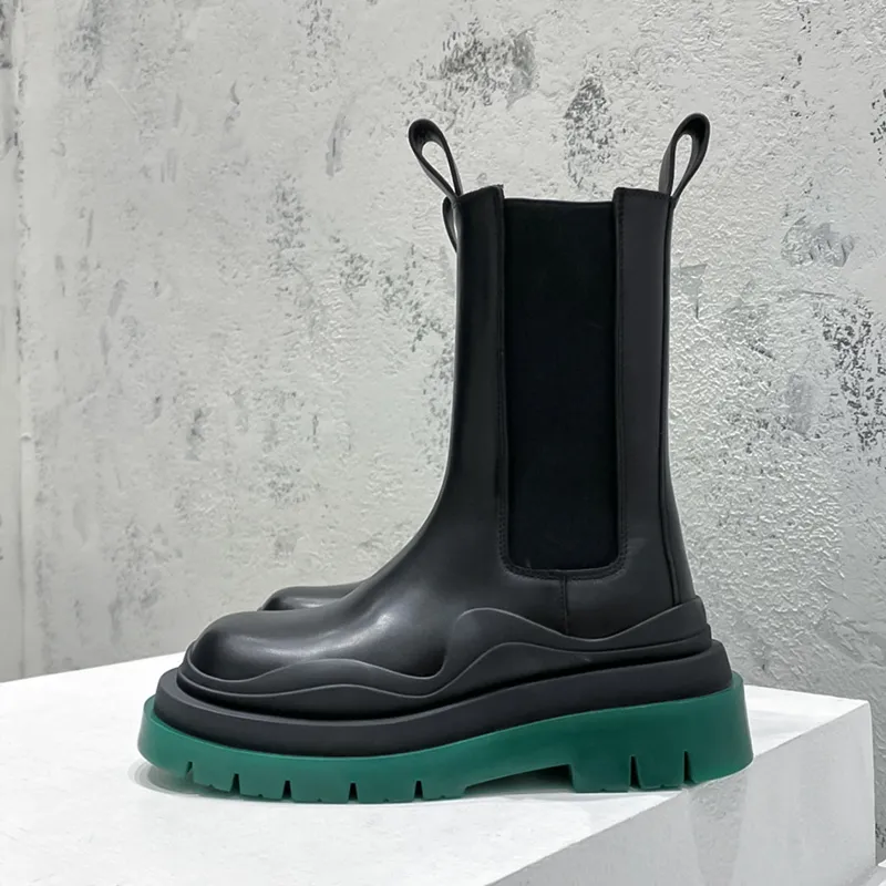 Botas verdes pretas Botas Chelsea Boots Leather Martin B V Boots Designer de luxo 2023 Novas botas de motocicleta cabeça redonda cabeça espessa masculina botas femininas tamanhos 35-46 +caixa