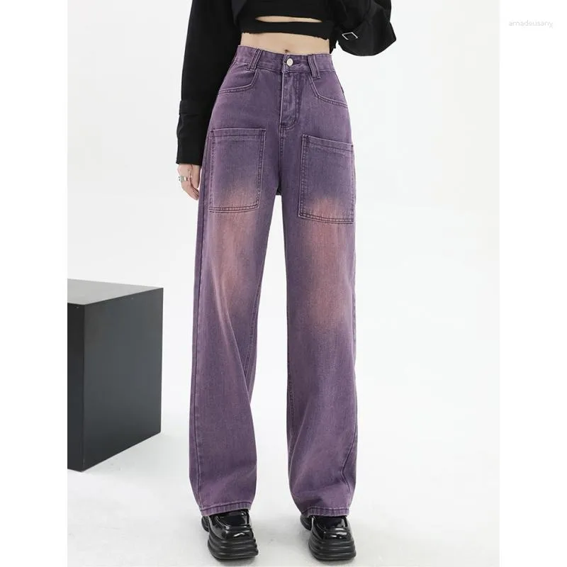 Damesjeans Vrouwen Purple High Street American Fashion Streetwear Style Wide Leg Jean Vrouwelijke Baggy Trouser Straight Denim Pants