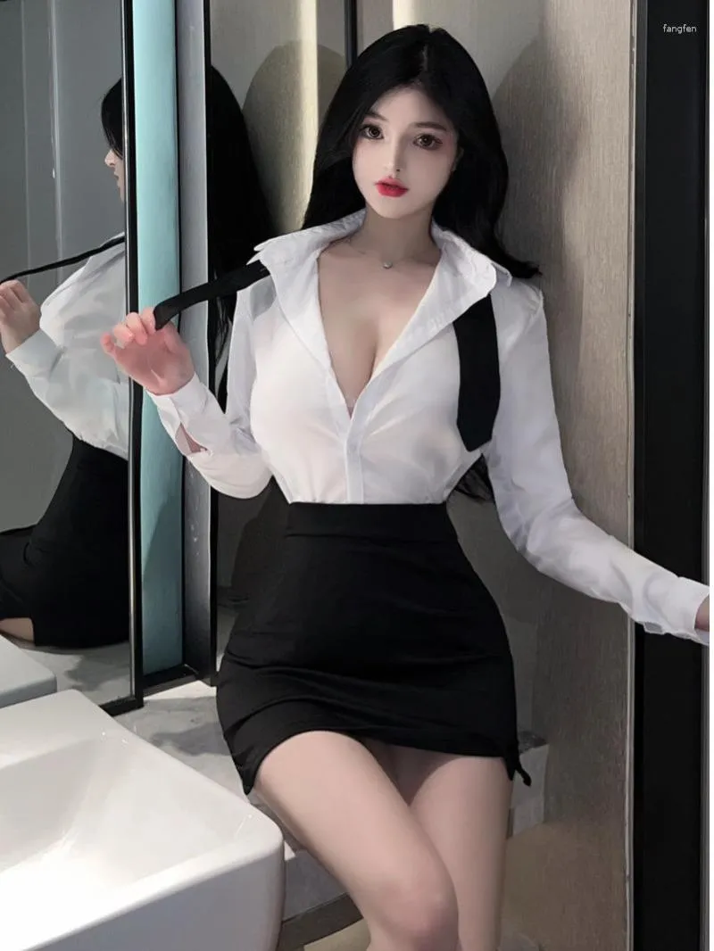 Work Dresses 2023 Spring Autumn Women's Sexy Temptation Long Sleeve Shirt Secretary Uniform Wrapped Hip Short Skirt Set With Tie G0SD