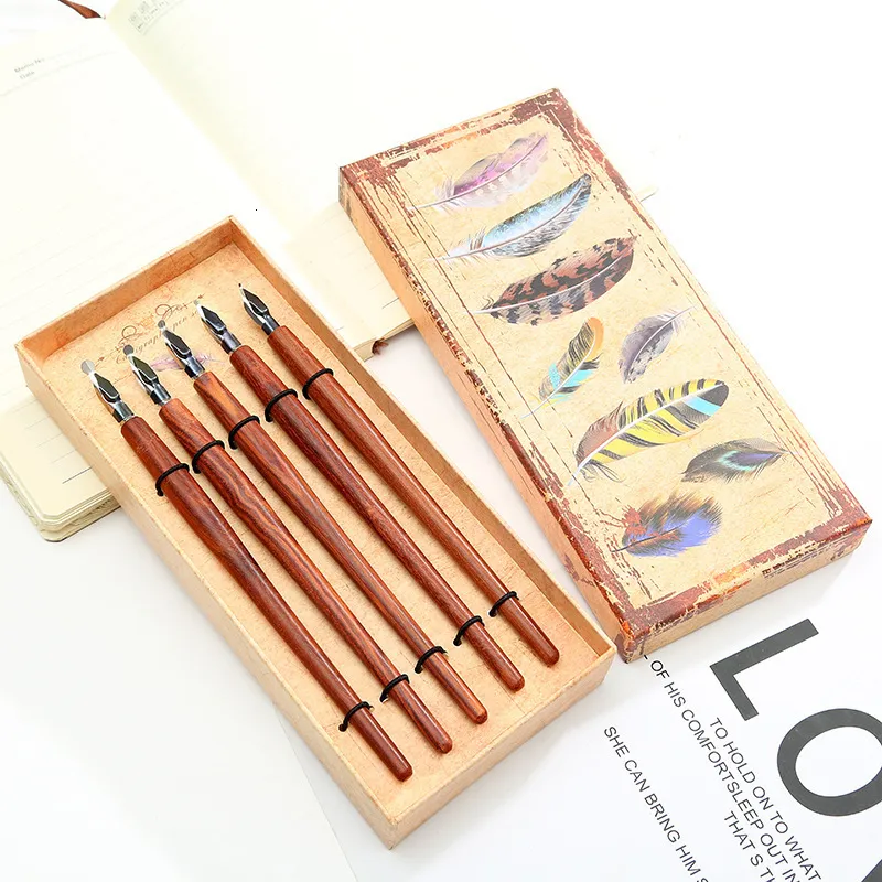 Fountain Pens Art Characters Tibetan Wood Ink Dip Pen Set Black Sandalwood Redwood Retro Målning Gotisk teckensnitt kalligrafi gåvor 230814