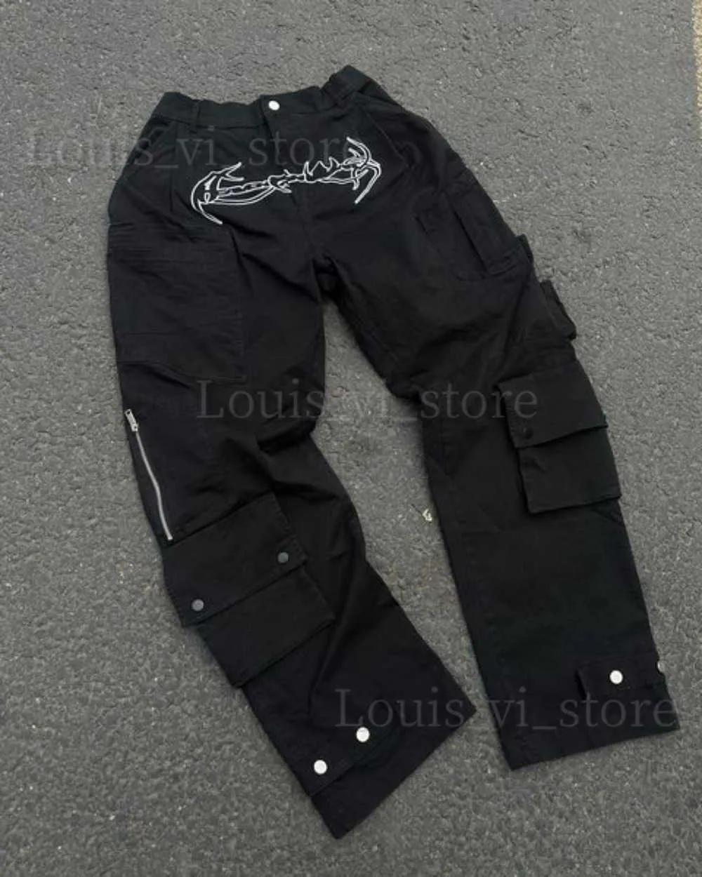 Y2K Jeans HARAJUKU HIP HOP RETRO Black Multi Pocket Cargo Pants Man New Punk Gothic Buggy Dżinsy szerokie spodnie Nogą T230814