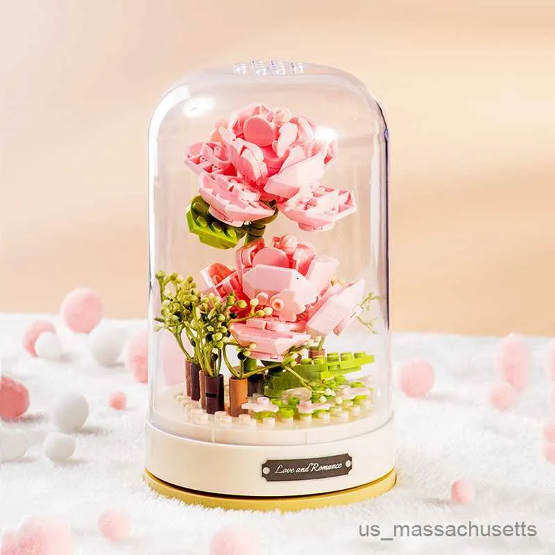 Bloki symulacyjne rośliny kwiat róży Rose Buil Bluk Bluk Toy DIY Romantyczne bukiet muzyki dekoracja dekoracji dziecięcej prezent zabawek R230817