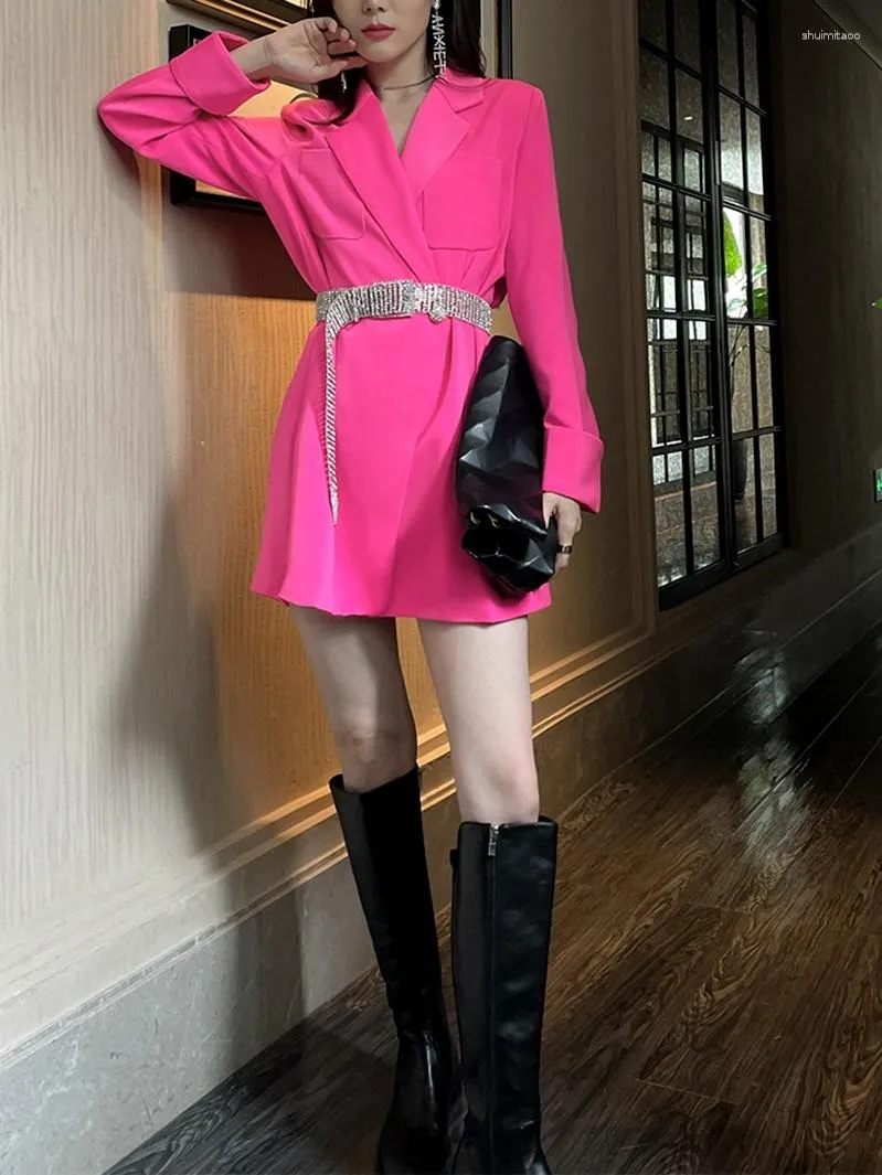 Women's Trench Coats Sexy Bomb Street Rose Red Belt Suit Dress Double Breasted Long Sleeved Coat A-line Silhouette Female