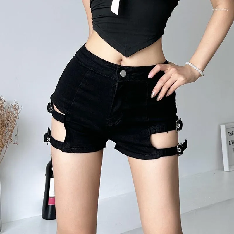 Dames shorts Black Denim 2023 Zomer Europese Amerikaanse stijl Dunne holle kant Elastische hoge taille Sexy Spicy Girls '