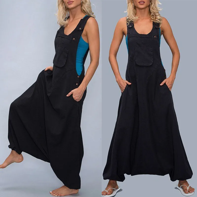 Women's Jumpsuits Rompers Women Thin Jumpsuits Plus Size Sleeveless Backless Side Pockets Baggy Long Jumpsuits Ladies Loose Romper Harem Pants S-5XL 230812