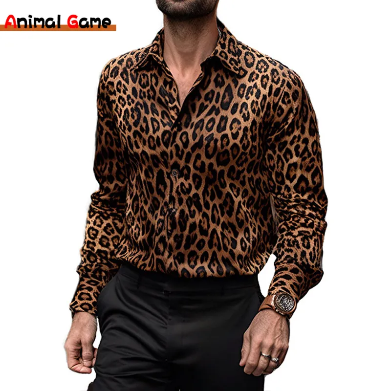 Herren S lässige Hemden Herren Langarm Fashion Leopard Design Print Shirt 230814