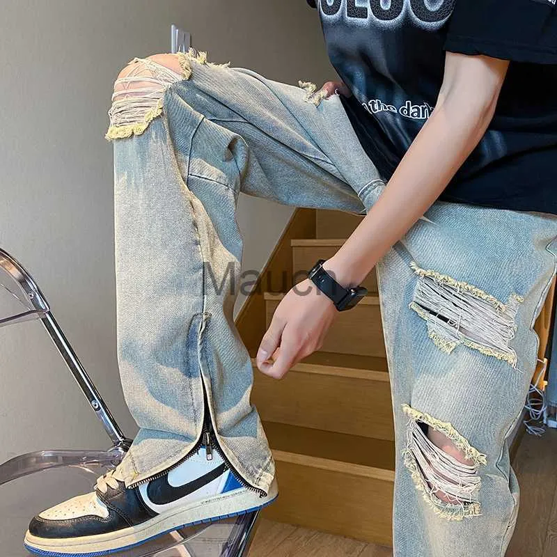 Męskie dżinsy Zgrane dżinsy męskie streetwear Hip Hop Fashion proste spodnie zamek kostki Wysokiej jakości męskie mopowe spodnie dżinsowe j230814