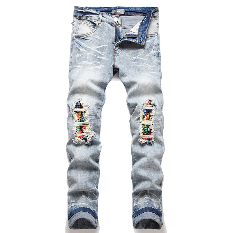Ripped Patches Men's Skinny Jeans Autumn Punk Stretch Slim Pants Blue Straight Casual Distressed Denim Cotton Trousers