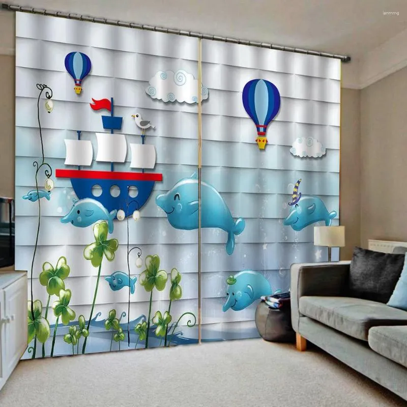 Curtain Cartoon Curtains 3d Blackout For Living Room Kids Bedroom Fabric Blue Decoration