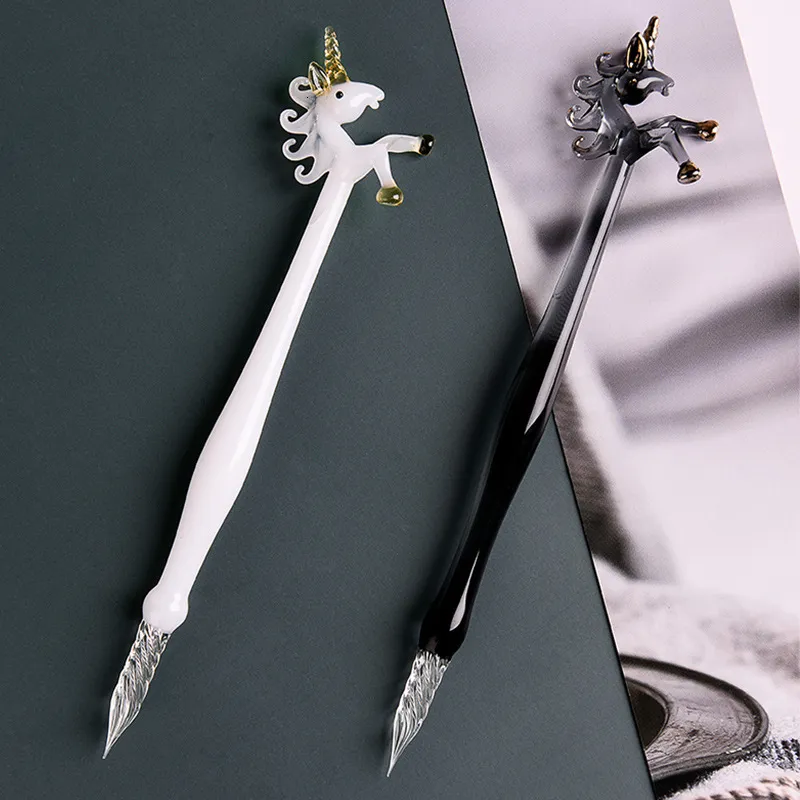 Fountain Pens Creative Unicorn Handmade Glass Dip Pen Set Crystal Couples Penholder Calligraphy Signature Söt presentfyllning Ink 230814