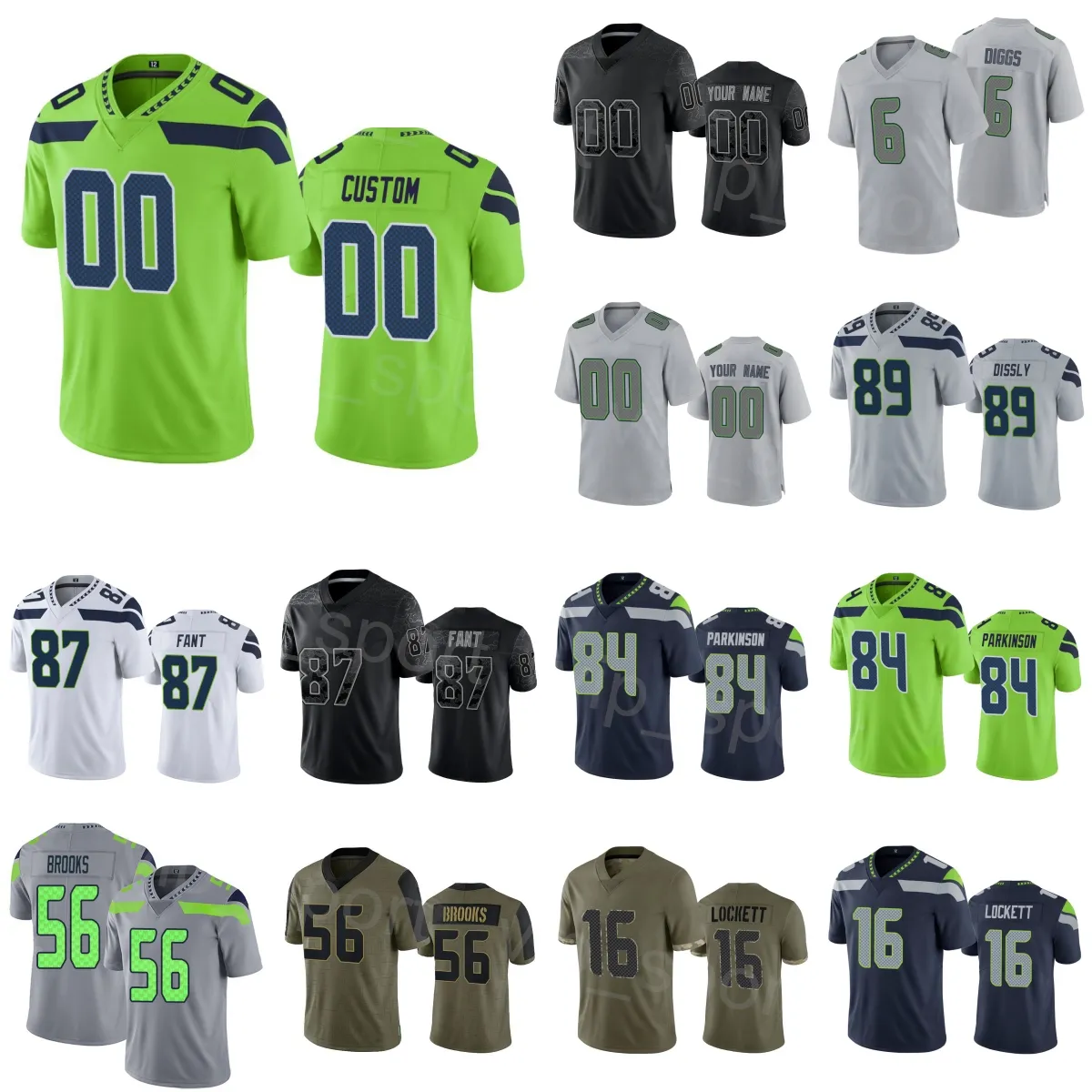 Team Football 84 Colby Parkinson Jersey 56 Jordyn Brooks 30 Mike Jackson 6 Quandre Diggs 16 Tyler Lockett 87 Noah Fant 89 Will Dissly Vapor Color Rush