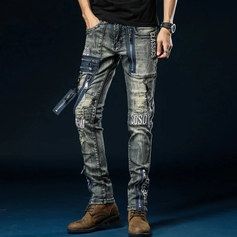 Men S jeans multi zipper mannen motorrijder punk rock denim broek slank fit rip heren borduurwerk motorfiets 230814