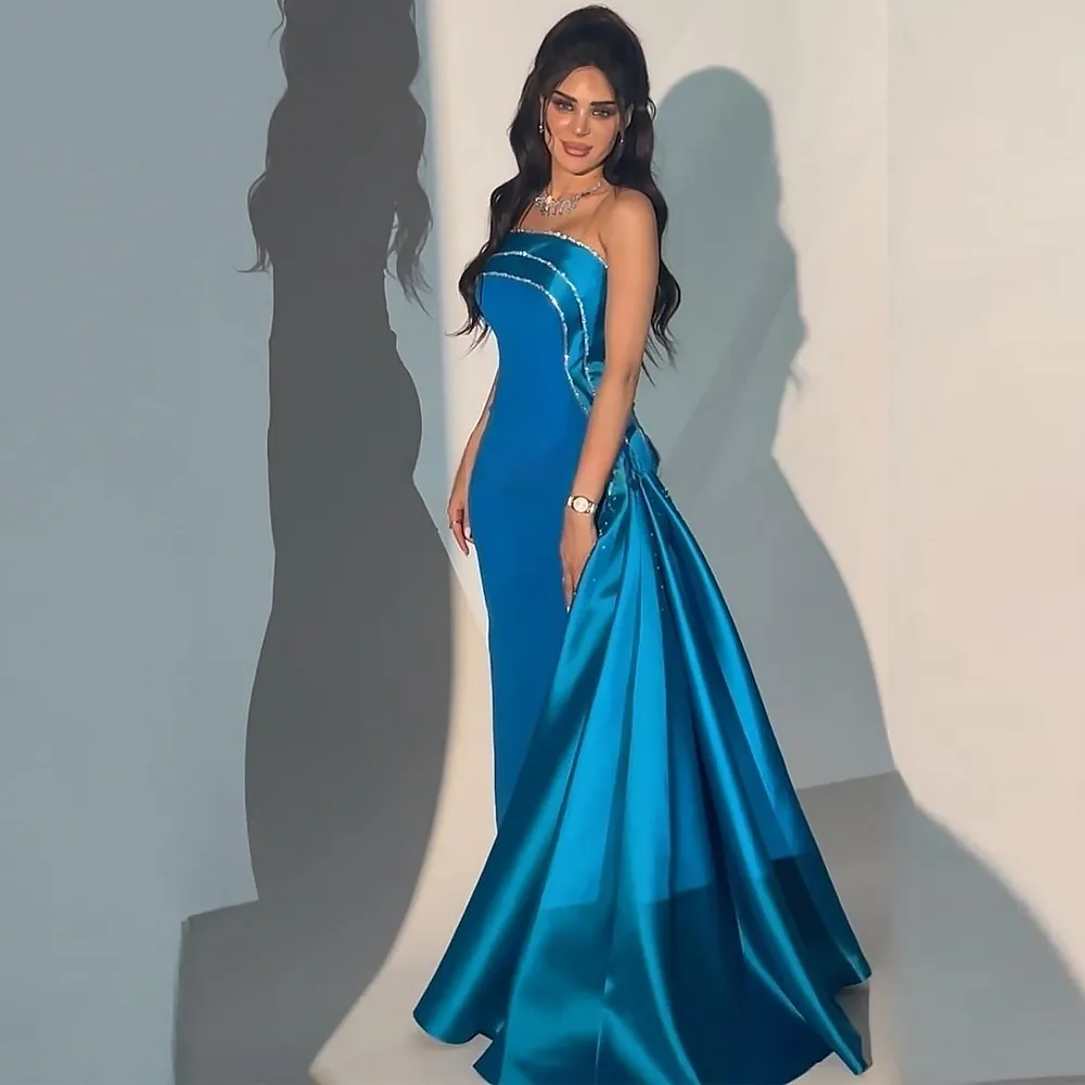 Fashion Blue Strapless Mermaid Prom Dresses Beaded Sequined Draped Evening Gown Side Train Satin Celebrity Dress 326 326