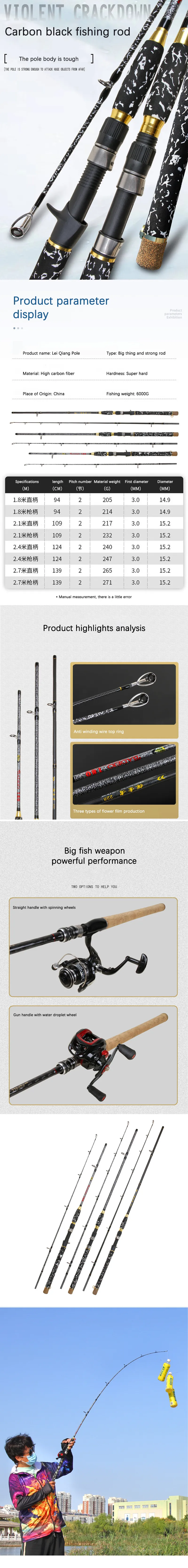 Carbon Thunder Super Hard Tuned Black Fish Rod Straight Handle