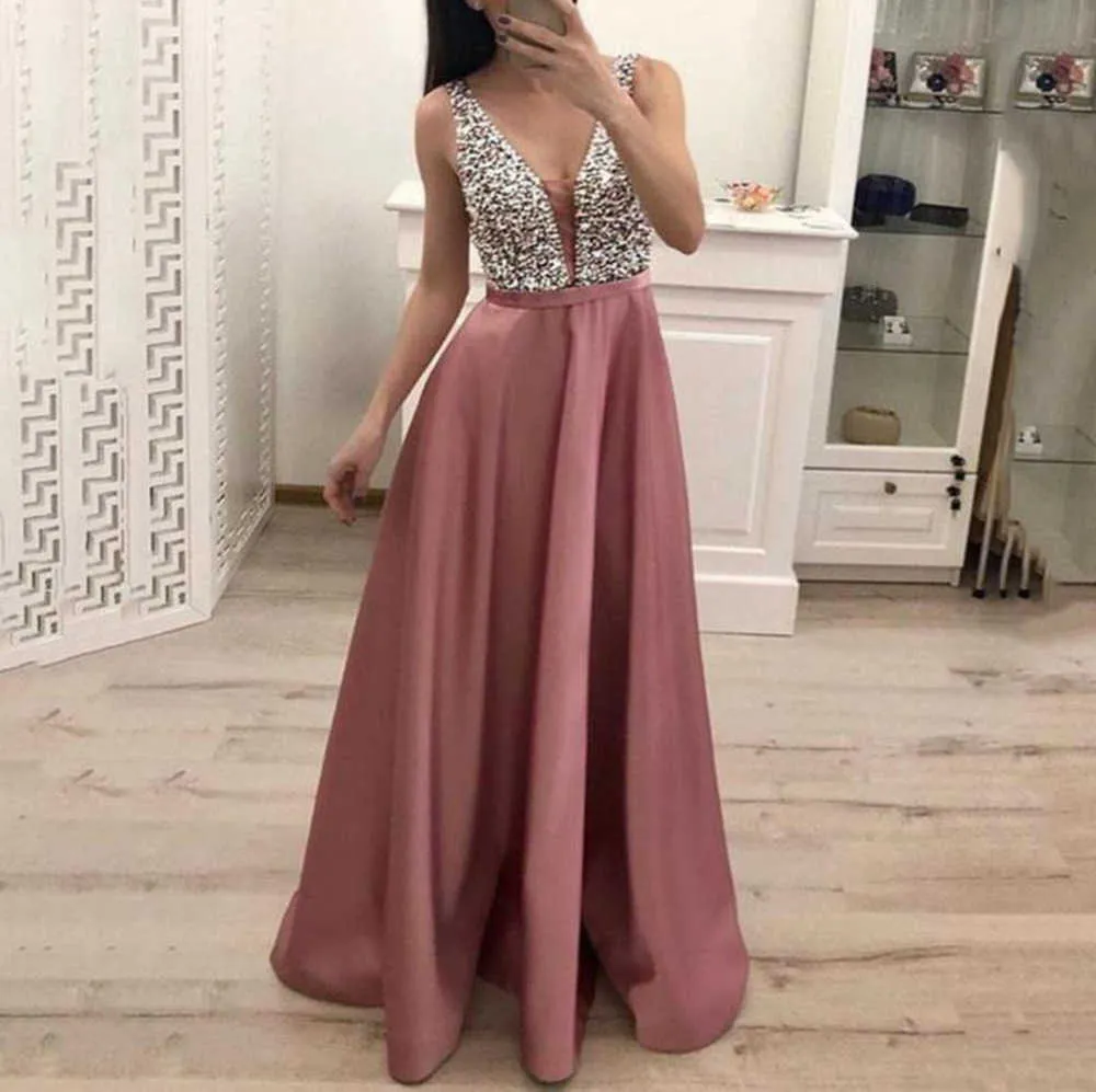 Dresses Sleeveless V-neck Blue A-line Elegant Chiffon Dress Bridesmaid Evening Sequined Long Splicing Wedding Party Women