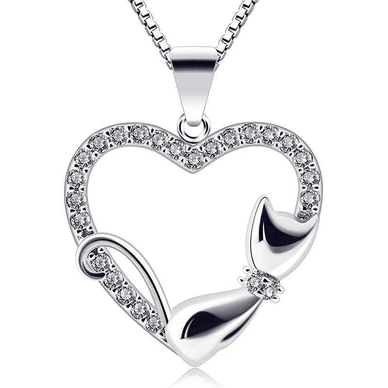 S925 Silver Heart Pendant Cat Heart Full Zircon Necklace Accessories