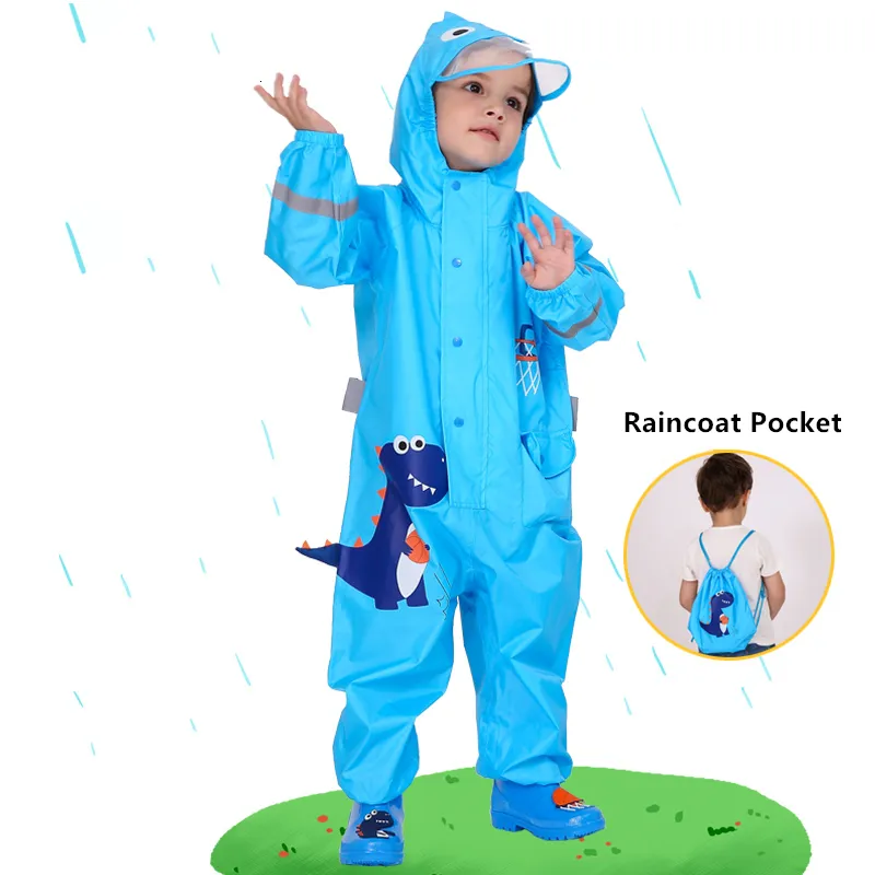 Płaszki przeciwdeszczowe 112 lat Kreskówka Dinozaur Rain Suit chłopcy Girls Waterproof Koszyb z kapturem płaszcz przeciwdeszczowy i spodnie przeciwdeszczowe 230812