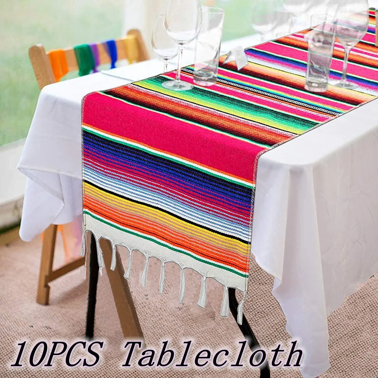 Runner de mesa 10pcs mexicano seripe mesa corredor para decorações de casamento mexicano Piquenics ao ar livre mesa de jantar Fringe algodão 230814