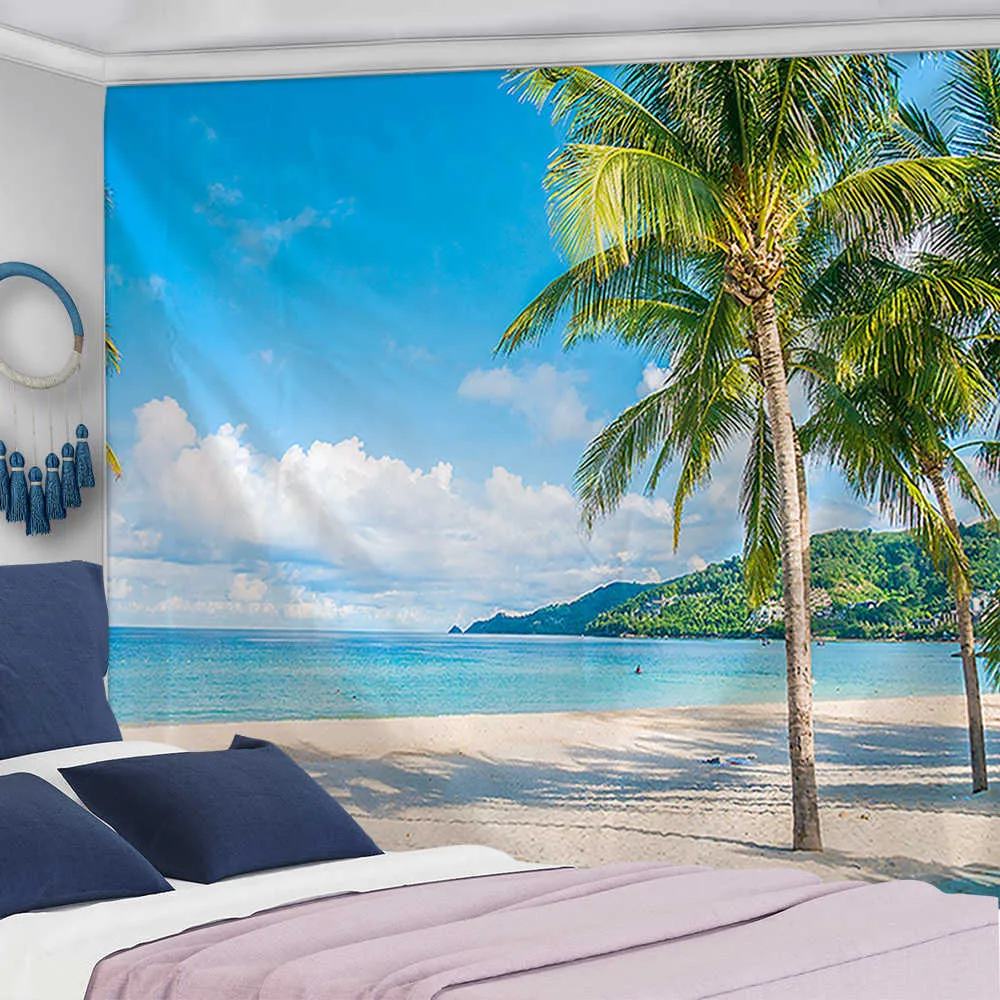 Tapisserier Hawaii Coastline landskap Tapestry vägg hängande solig strand sommarfilt färgglad matta strandhandduk sovrum heminredning