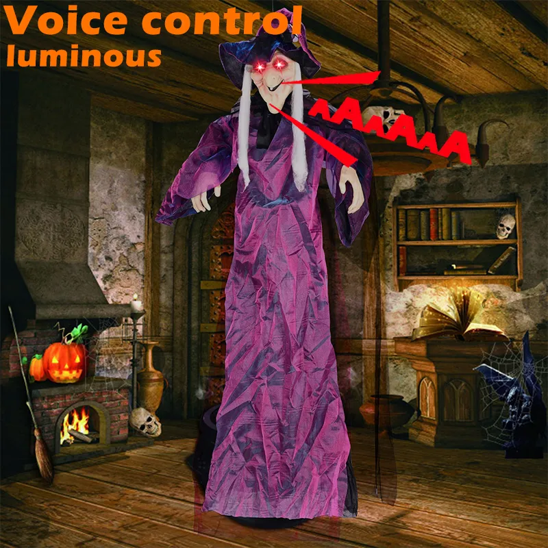 Andra evenemangsfestleveranser Halloween Horror Glowing Witch Dolls Hanging Ghost Pendant Voice Induction Control Prop Led Eyes for Bar Home Garden Scary Decor 230814