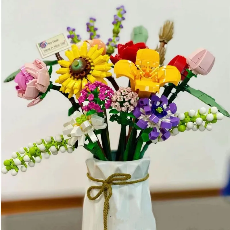 技術的なアイデア花花束の建物MOCロマンチックなバラのレンガの家の飾りDIYおもちゃのための誕生日プレゼント230814