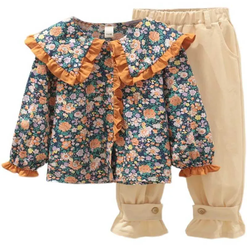 Conjuntos de roupas novas meninas primavera outono floral camisa de manga comprida blusa + calças casuais 2 peças conjunto de roupas