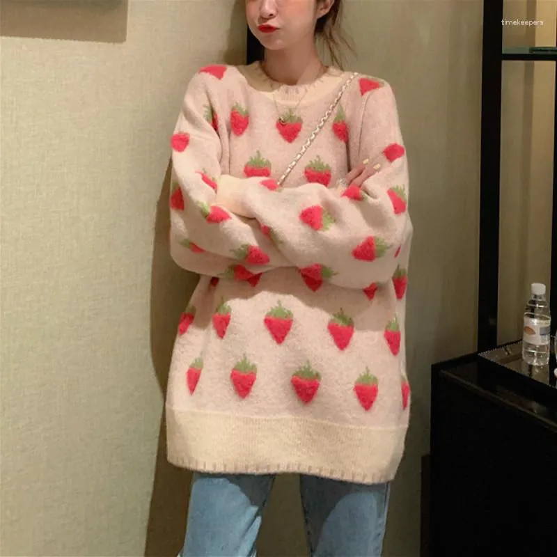 Kvinnors tröjor Strawberry Sweater Kvinnor Söt stickad Pullover Kvinna Kawaii Loose Korean Harajuku Autumn kläder 2023