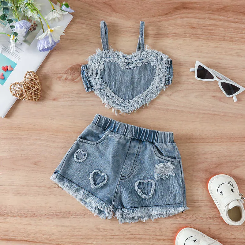 Kleidungs-Sets, 2-teilig, für Babys, Mädchen, schöne Kleidung, Denim, ärmellos, herzförmige Leibchen, Weste, elastisch, zerrissene Shorts, Sommerkleidung