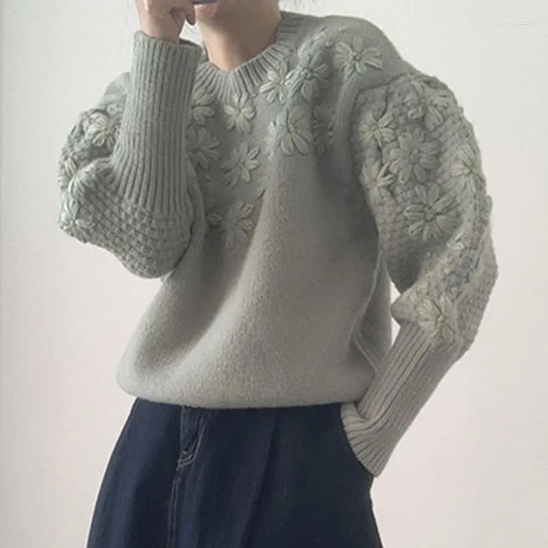 Женские свитеры японские вышивные цветы вязаные свитер женщины простые пулыки с озацированием сплошной