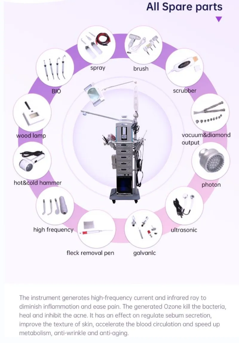 Multifunctional Beauty Salon Equipment galvanic high frequency dermabrasion facial machine 19 in 1