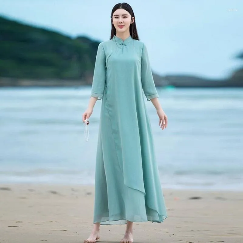 الملابس العرقية AO Dai Vietnam فستان تقليدي أنيقة صينية Qipao Mandarin طوق الطويل الشرقي Cheongsam Ta2390