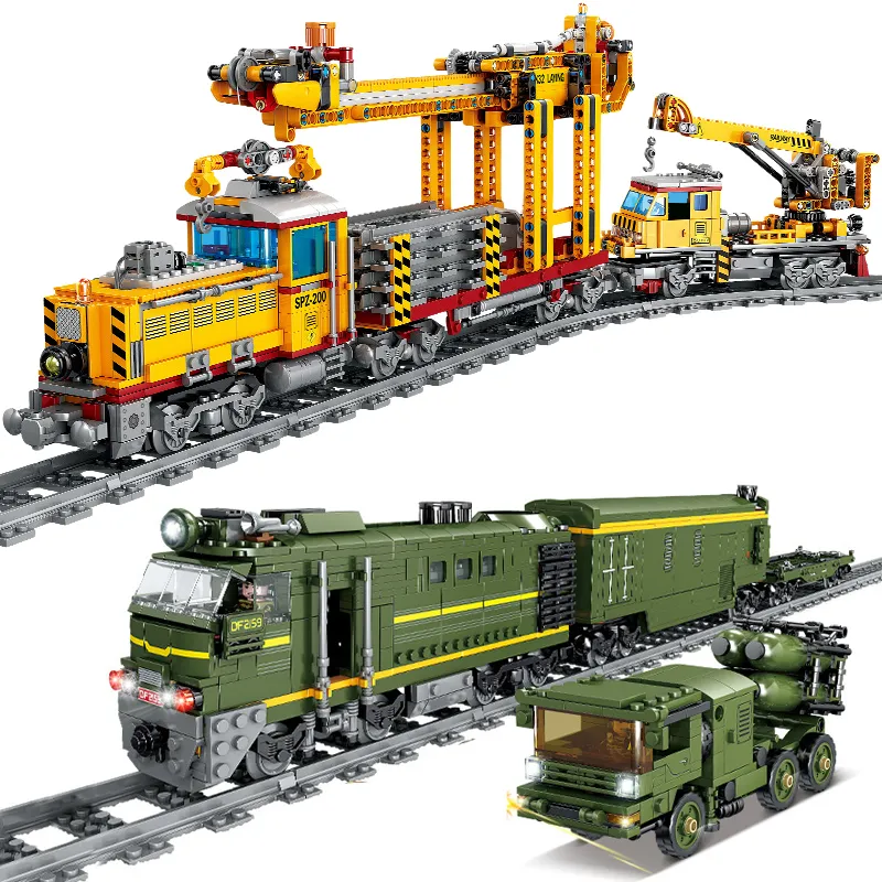 Bloqueos Electric Military Blind Train Building Block Light and Sound Track Repair Children S Assemted Toy Birthday Gift 230814