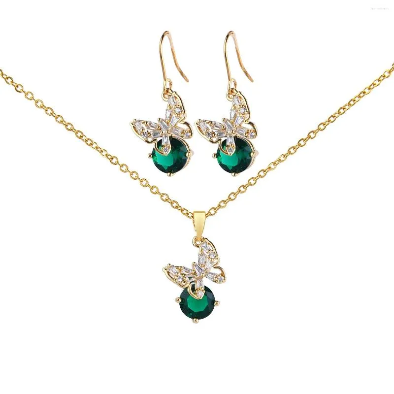 Halskette Ohrringe Set Mode goldplattiert Emerald Zirkon Anhänger Schmuck Schmetterling und Ohrring -Sets Frauen