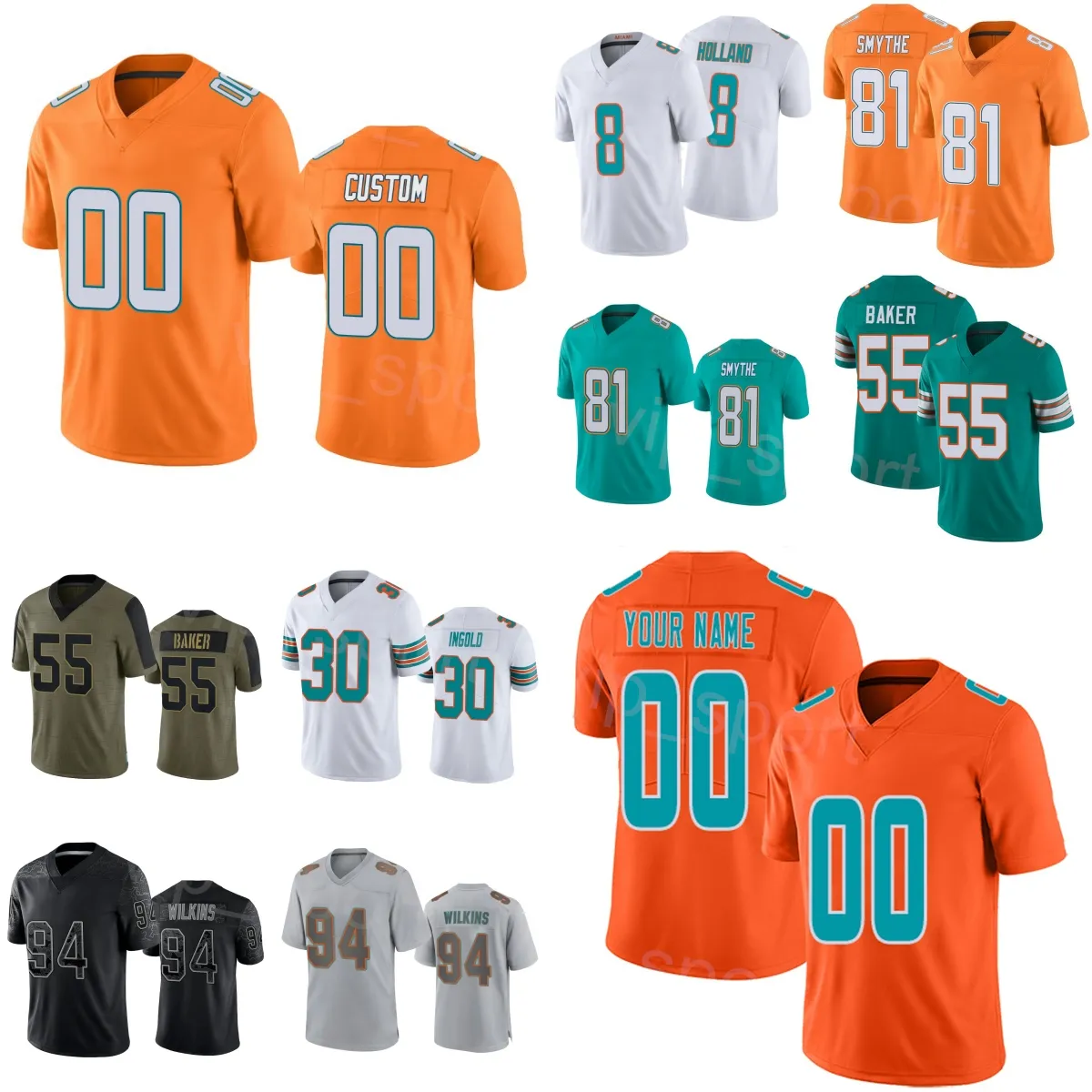 Team Football 8 Jevon Holland Jersey 81 Durham Smythe 30 Alec Ingold 11 Cedrick Wilson Jr 55 Jerome Baker 1 Tua Tagovailoa 31 Raheem Mostert Color Rush Men Kvinnor